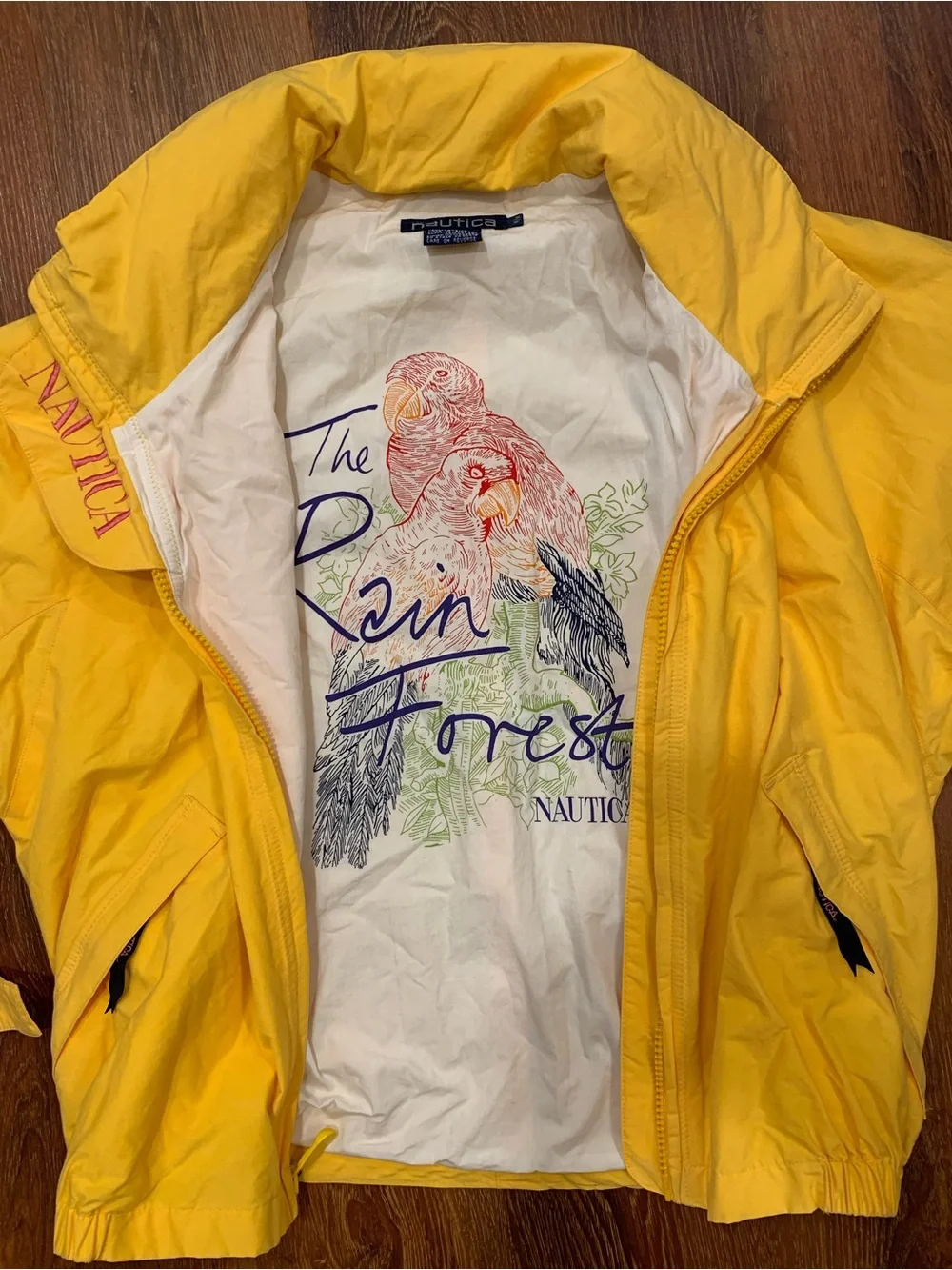 VTG Nautica Bright Yellow Rain Forest Windbreaker Jacket Size M Parrot 90s Rare